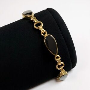 12k Gold Filled Onyx Bracelet Bezel Set Link 7in Safety Chain